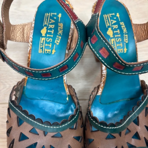 L'Artiste Acela Leather Open Toe Sandal 38 Cut Out Heels Boho Artsy Festival 90s - Picture 5 of 11